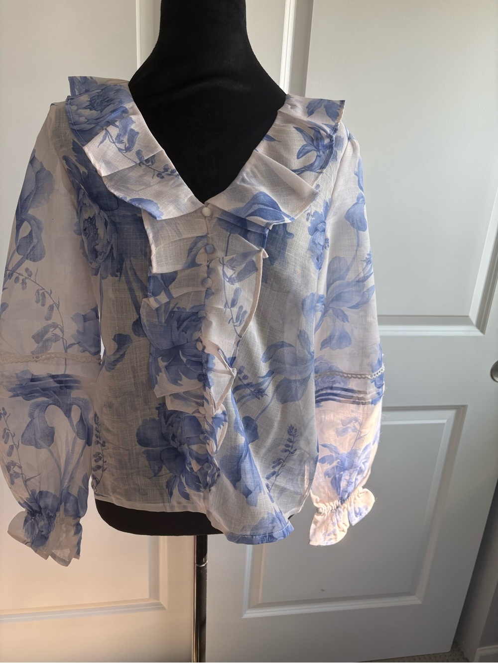 Lipsy White Blouse with Blue Floral Ruffles never worn